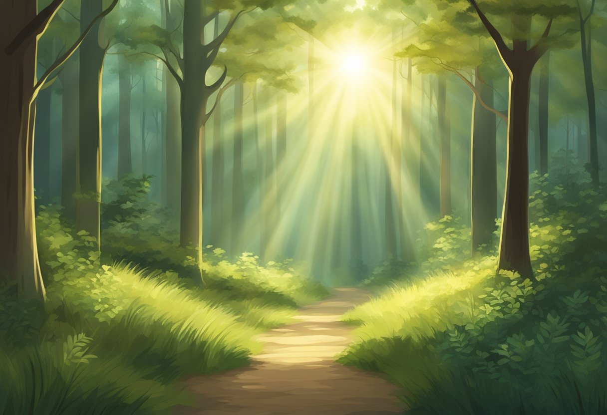 A serene forest clearing with sunlight filtering through the trees, illuminating a path. A sense of peace and contemplation fills the air