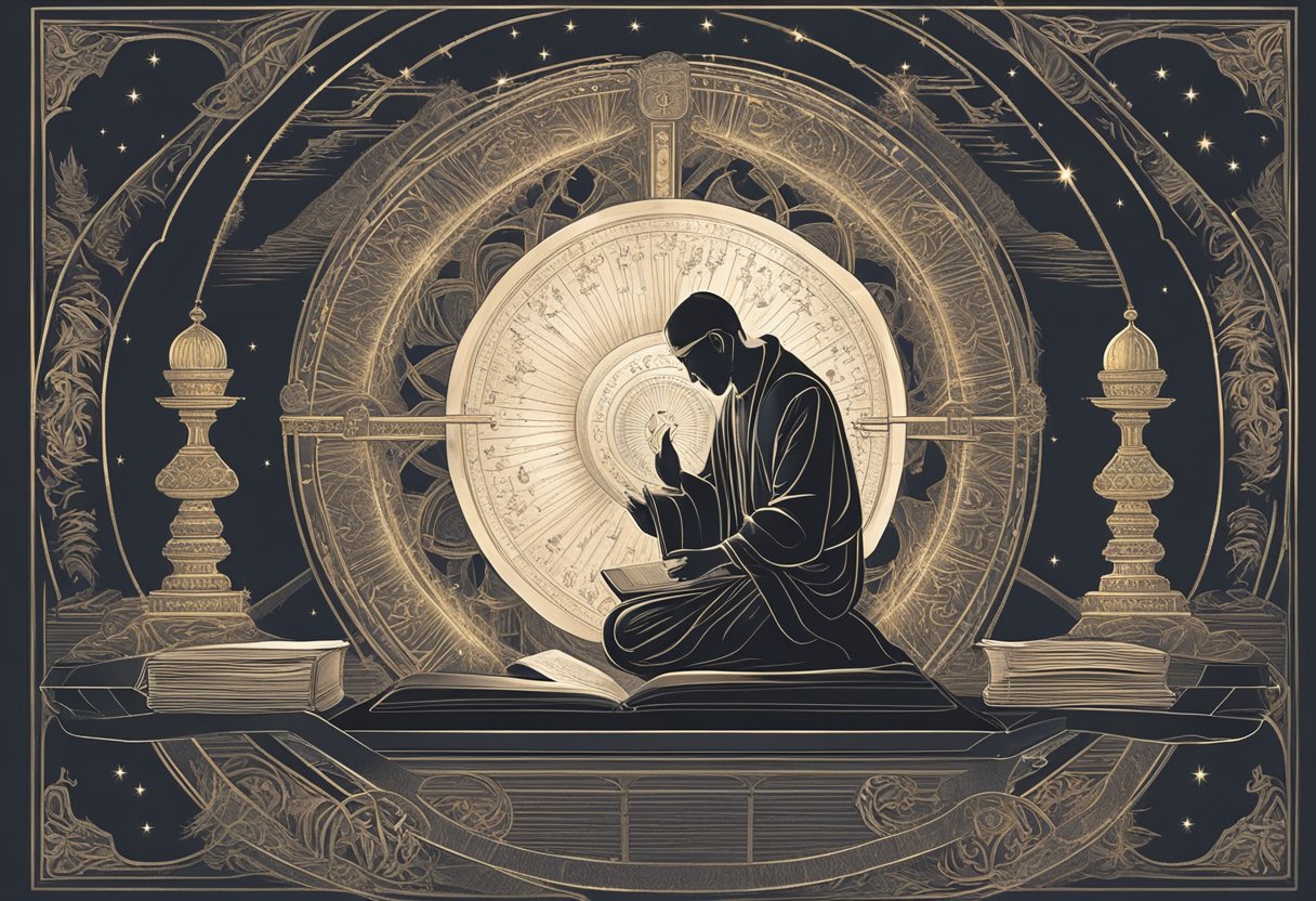 A figure kneels in prayer, surrounded by symbols of wisdom and discernment - an open book, a shining light, and a pair of scales