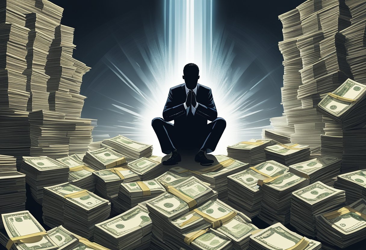 A person kneeling in prayer, surrounded by stacks of money and financial documents, with a beam of light shining down on them