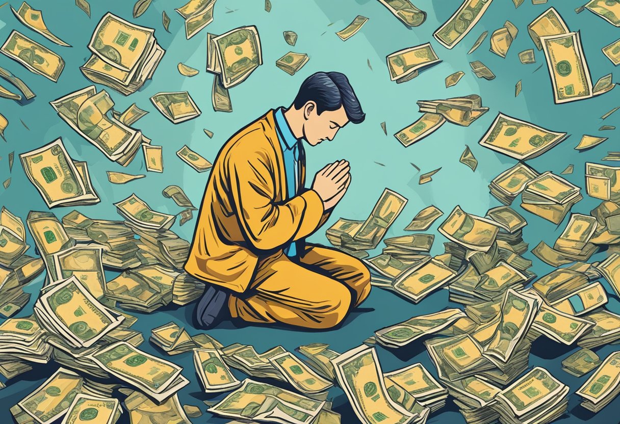 A person kneeling in prayer, surrounded by images of financial breakthrough - a stack of money, a successful business, a debt-free life