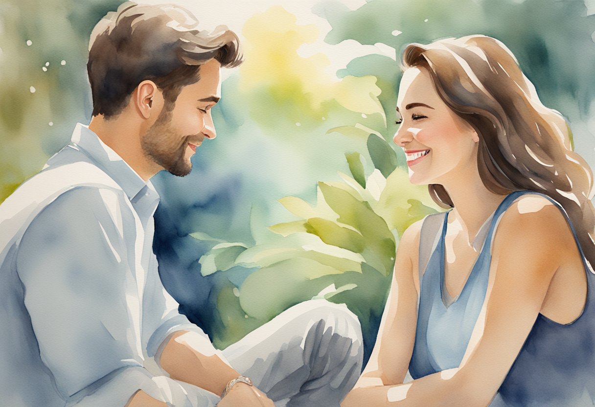 A woman leans in, smiling, as she engages in deep conversation with a man, their eyes locked in genuine connection