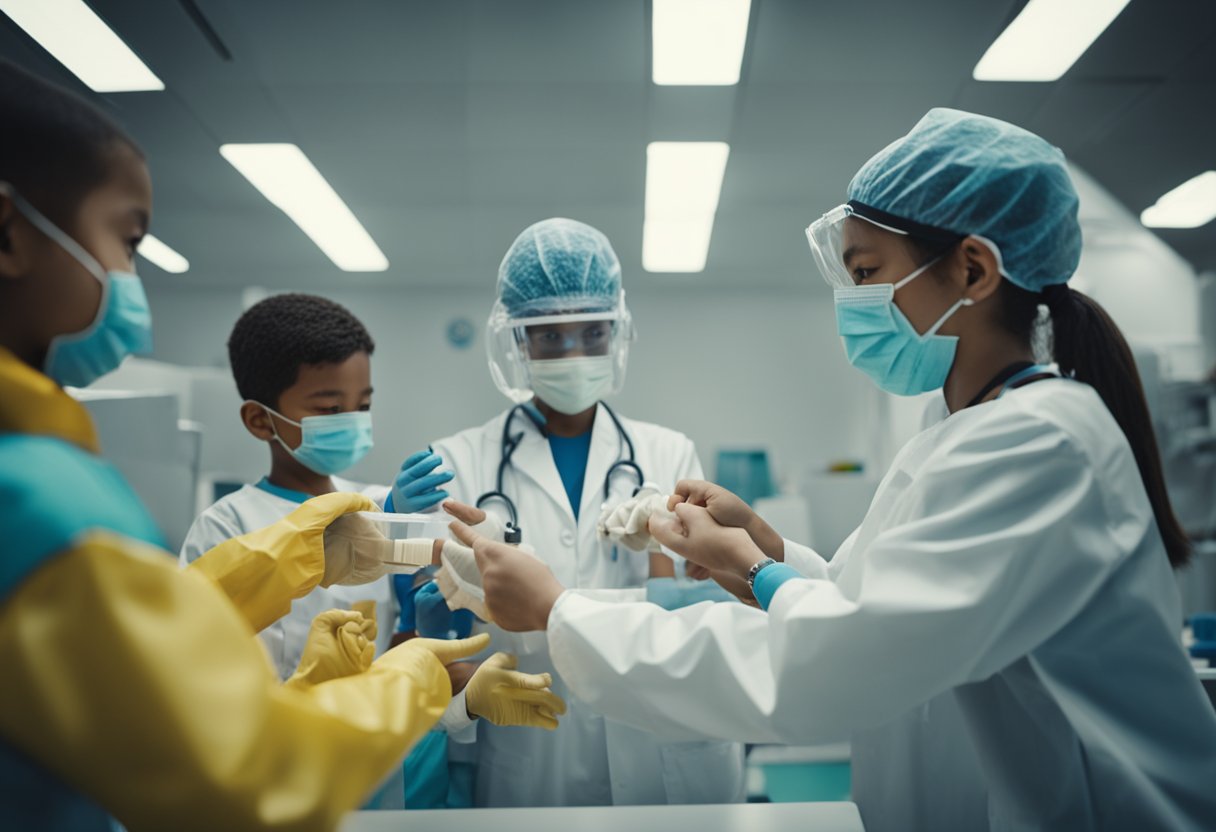 A doctor in protective gear administers a vaccine to a group of children, while others receive antiviral medication