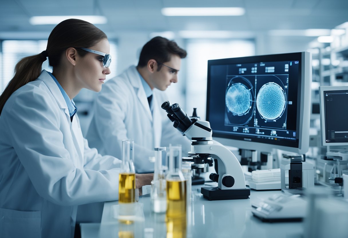 A lab filled with vials, microscopes, and scientific equipment. A computer screen displays influenza virus structures. Researchers in lab coats work diligently