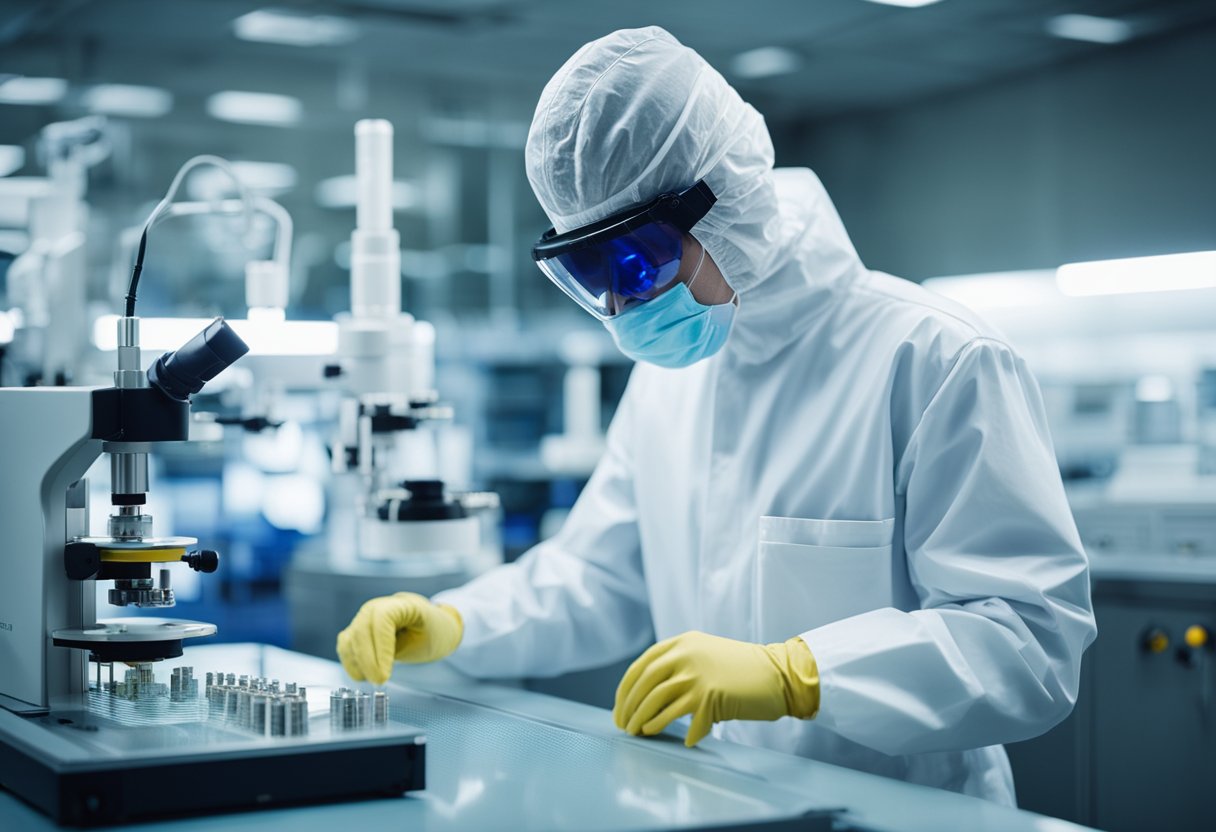 A lab technician in full protective gear conducts tests on samples in a high-tech laboratory