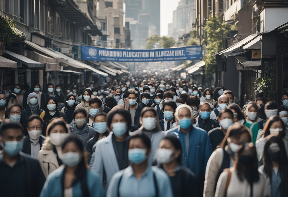 A crowded city street, with people wearing masks and standing in long lines at a vaccination center. Signs display information about the influenza pandemic