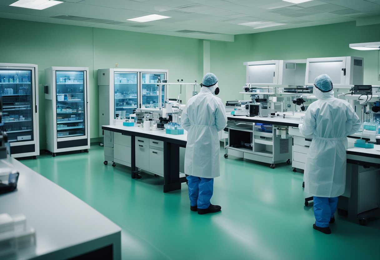 A laboratory filled with research equipment and scientists in protective gear studying the influenza virus and its potential for a pandemic