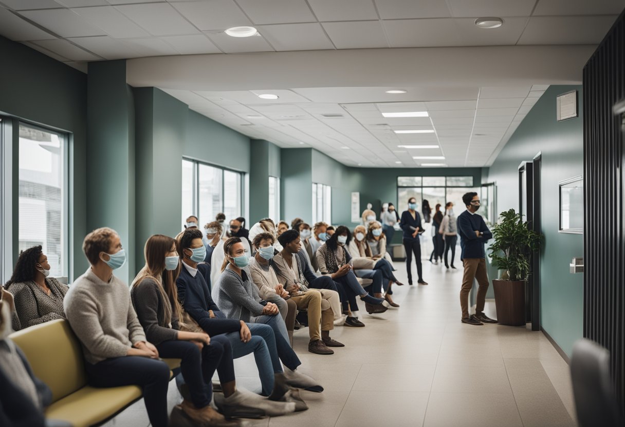 A crowded waiting room with people wearing masks, a sign displaying "Frequently Asked Questions Influenza in humans, pandemic" on the wall