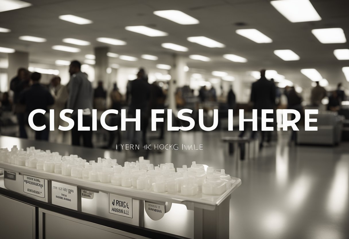 A crowded waiting room, tissues and hand sanitizer on tables, people coughing and sneezing, a sign reading "Flu Shots Available Here."