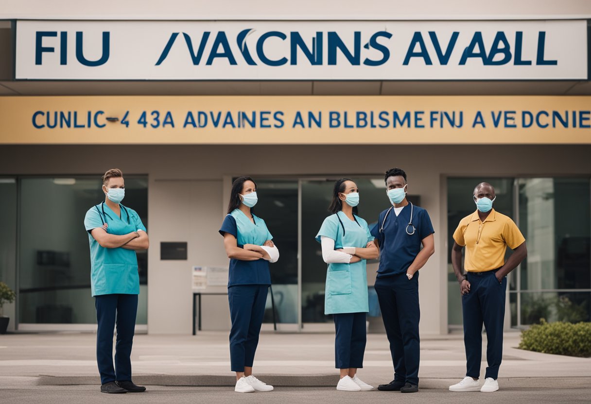 People in masks stand in line outside a clinic. A sign reads "Flu Vaccines Available." A nurse administers a vaccine to a patient