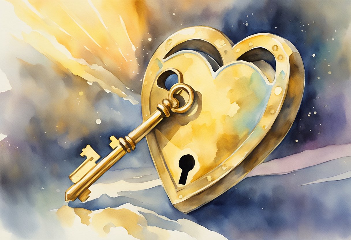 A golden key floating above a heart-shaped lock, surrounded by a radiant glow, symbolizing the birthright to commitment