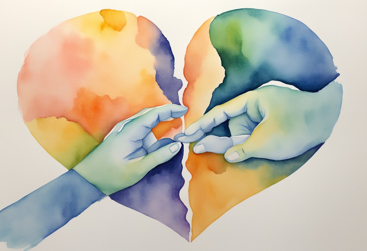 A heart split in two, one side labeled "Love" and the other "Commitment." A figure reaching out to merge the halves together