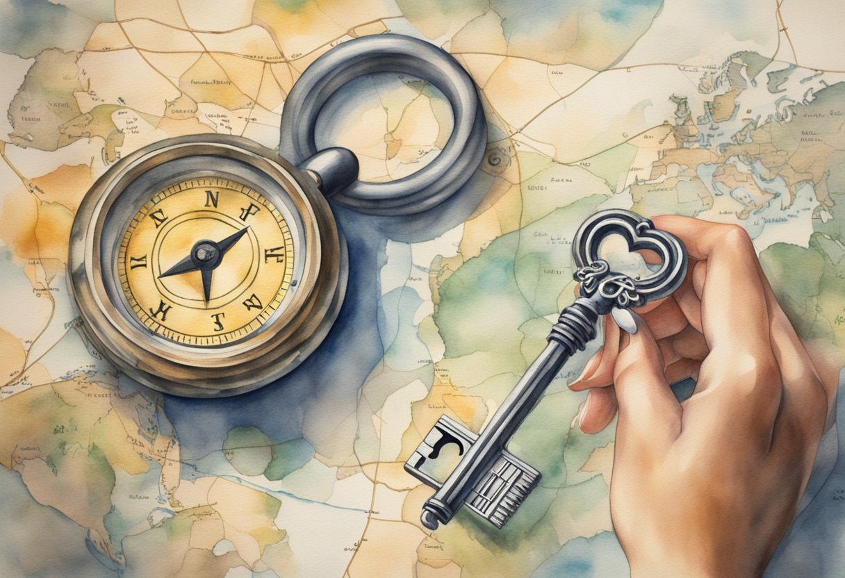A woman's hand holding a key and a heart-shaped lock, with a road map and a compass in the background, symbolizing the journey and steps to getting him to commit