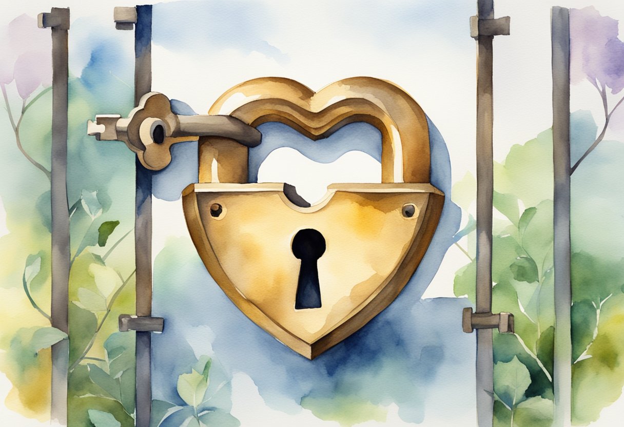 A heart-shaped lock with a key in front. A path splits, one side filled with obstacles, the other clear and inviting