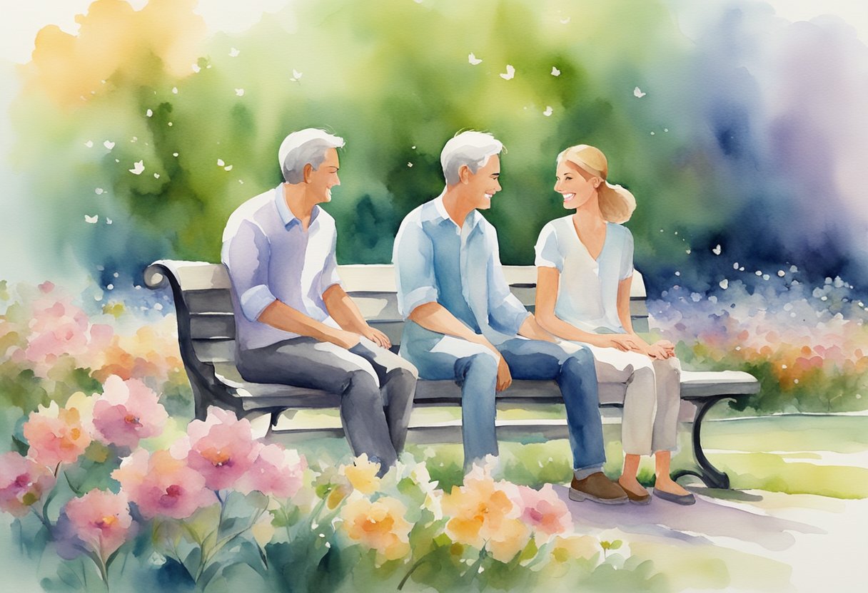 A couple sitting on a park bench, smiling and holding hands, surrounded by blooming flowers and a peaceful atmosphere