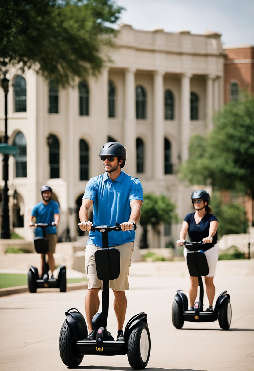 A group of Segways gliding through Waco, passing by landmarks and enjoying the city's sights and sounds