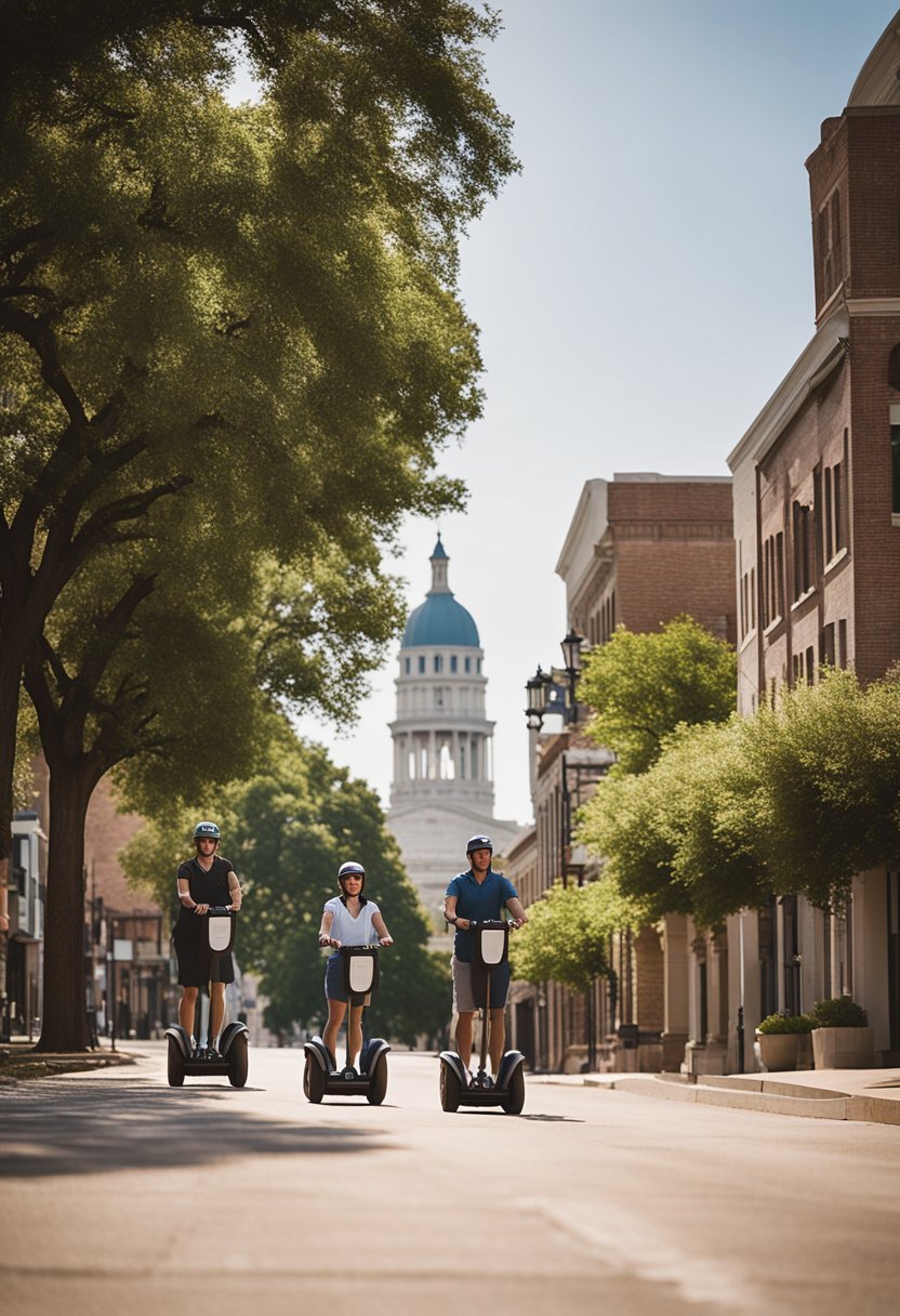 A group of tourists glide along the streets of Waco on Segways, passing by iconic landmarks and enjoying the city's sights and sounds