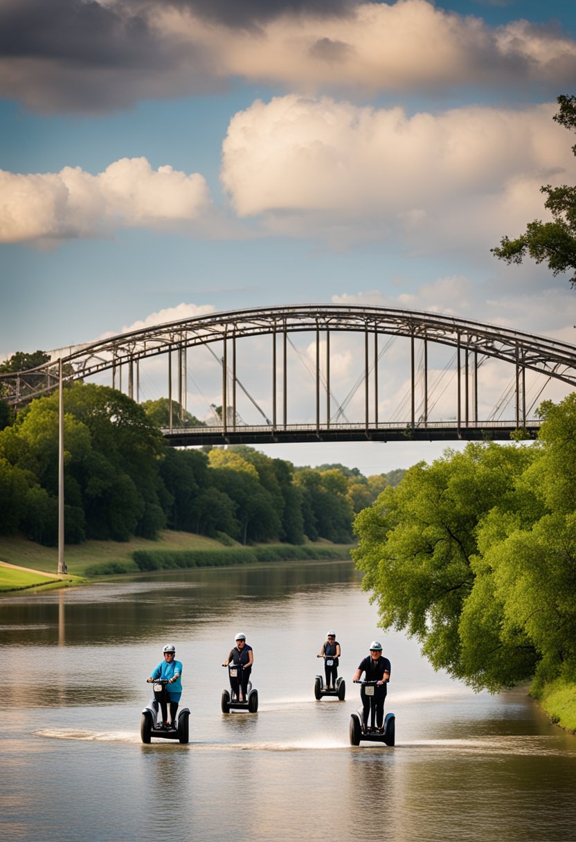 A group of Segways gliding along the scenic Brazos River in Waco, with the iconic Waco Suspension Bridge in the background
