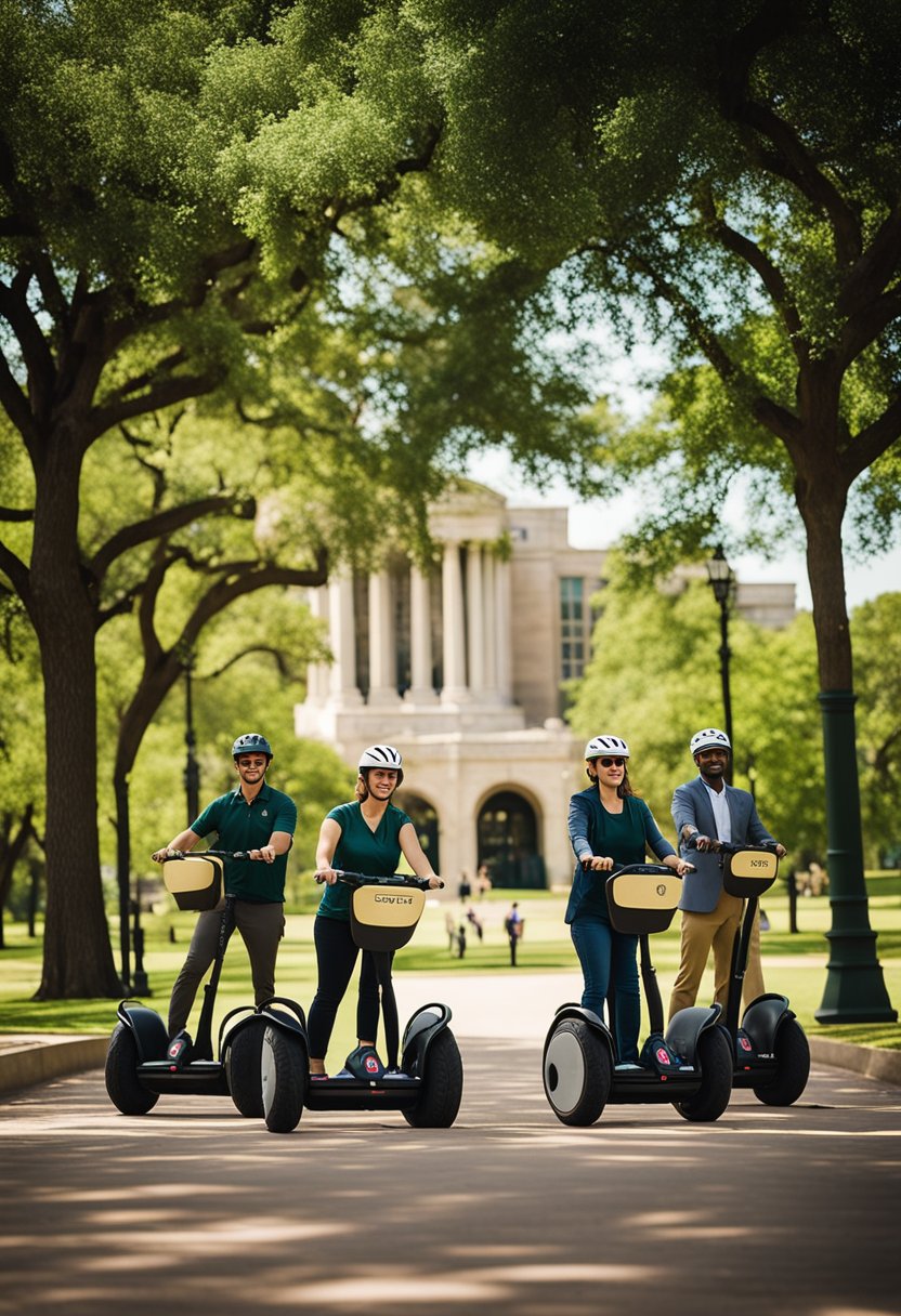 A group of Segways gliding through the Baylor University campus, passing by iconic landmarks and lush greenery in Waco