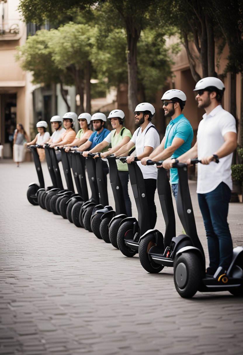 A group of Segways lined up outside a rental shop, with a tour guide pointing to a map, surrounded by excited tourists