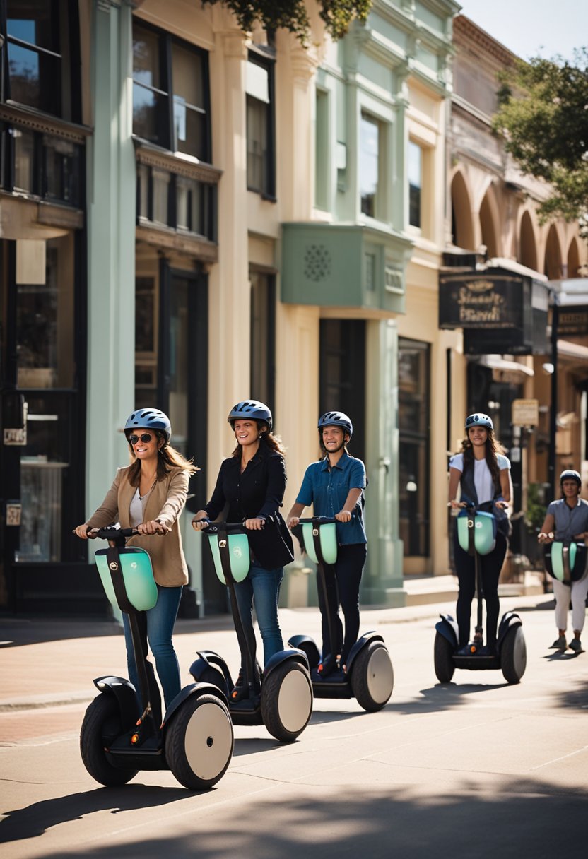 A group of Segway riders glides through downtown Waco, passing by historic buildings and bustling shops. The sun shines down on the colorful streets as they explore the city's vibrant atmosphere