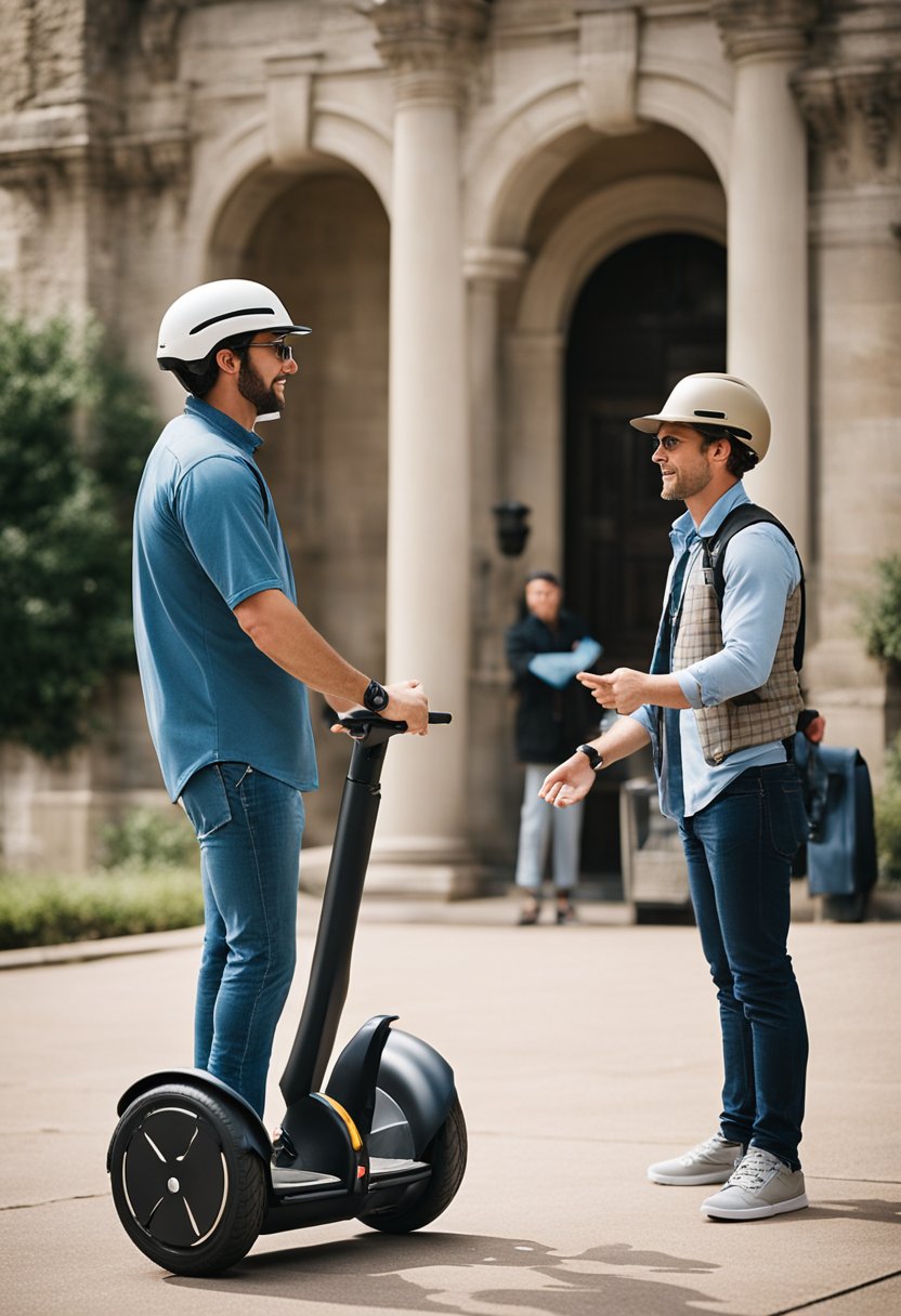 A group of tourists gathers around a Segway tour guide in front of a historic building in Waco. The guide points to a map and gestures towards the route, while the tourists listen attentively