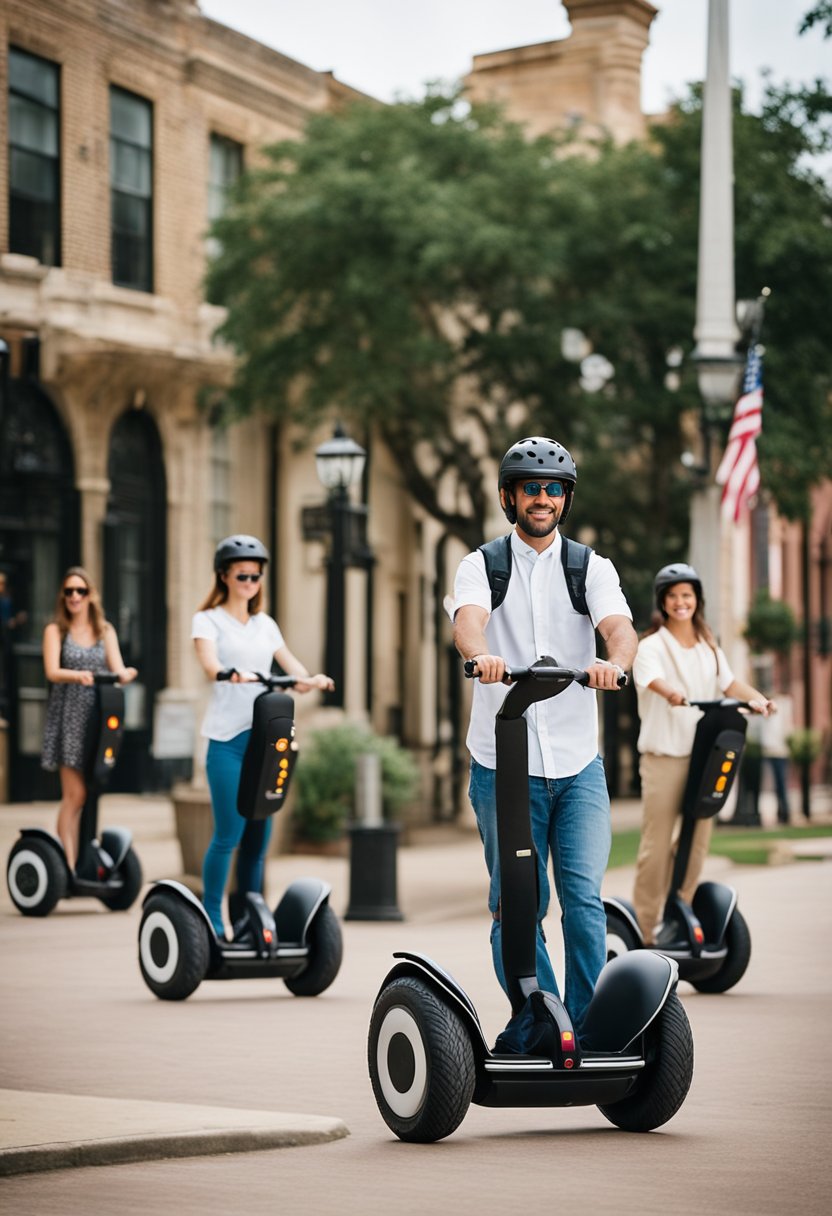 A group of tourists enjoy a Segway tour through the charming streets of Waco, passing by historic landmarks and receiving enthusiastic recommendations from previous visitors