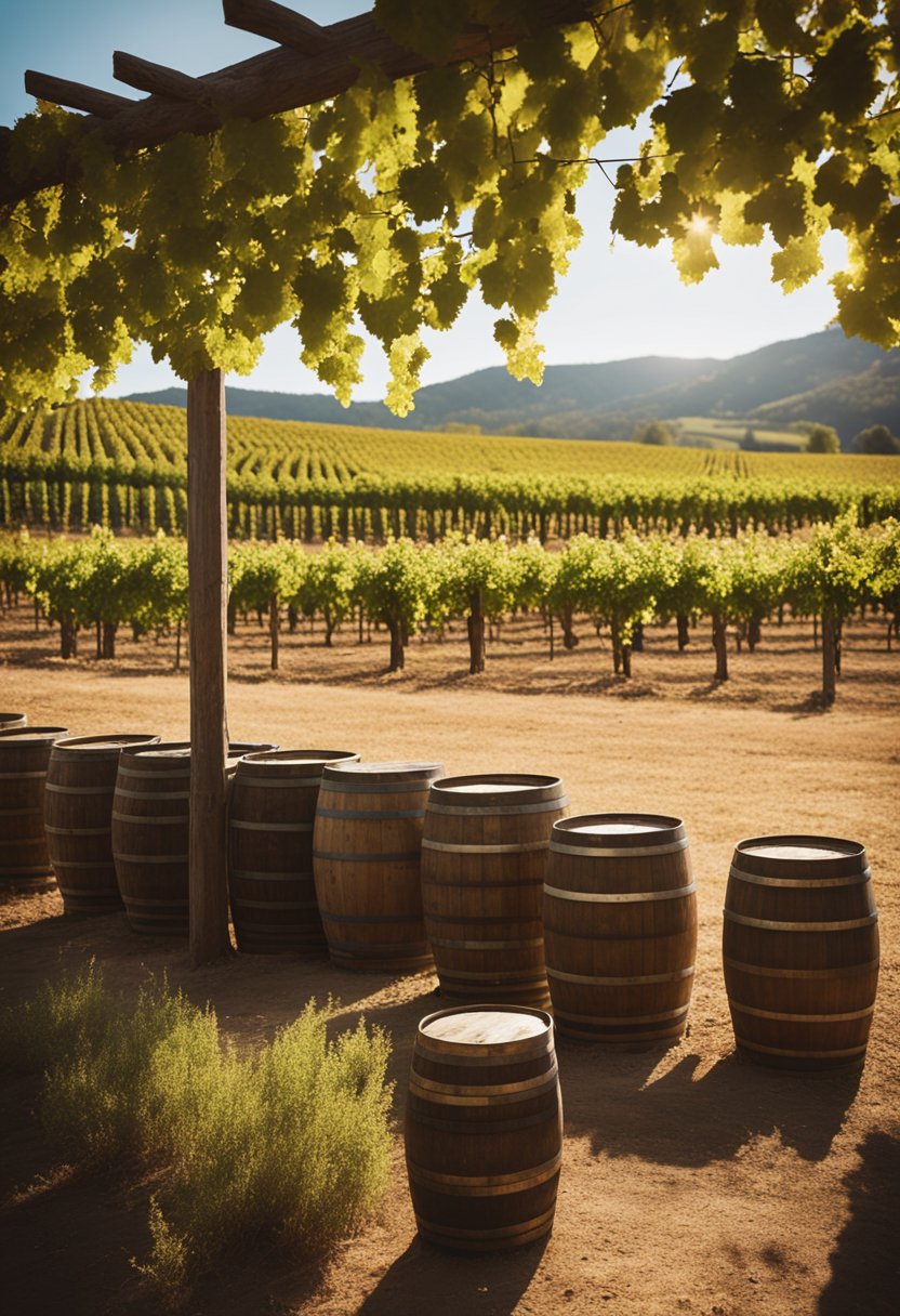 A rustic vineyard with rows of grapevines stretching into the distance. A quaint tasting room with barrels and wine bottles on display. Sunlight filtering through the leaves, casting a warm glow over the scene