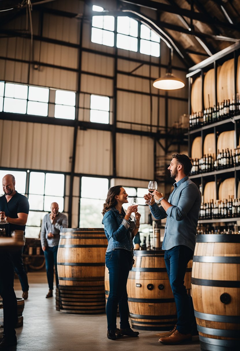 Visitors enjoy wine tasting at Balcones Distilling in Waco, surrounded by barrels and equipment, with a scenic view of the distillery