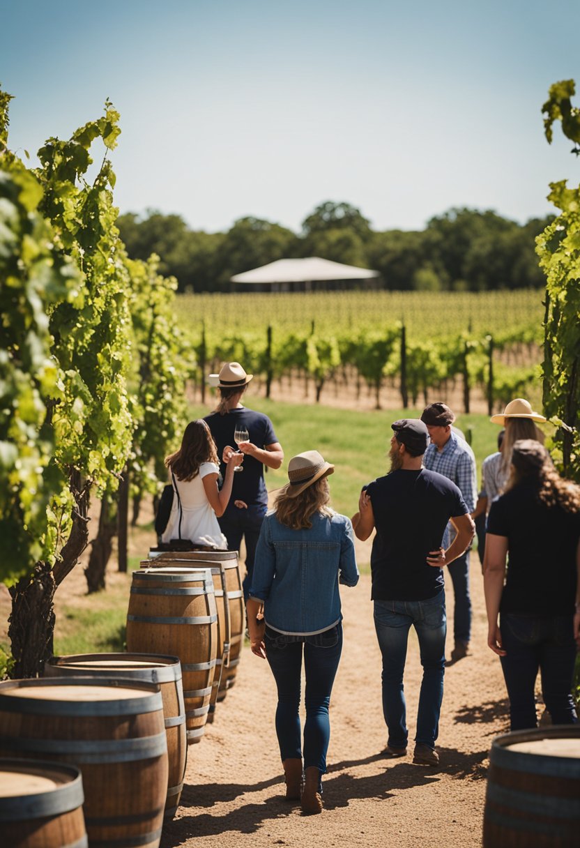 People enjoy wine tasting at various wineries in Waco, Texas. The scene includes vineyards, wine barrels, and tasting rooms with visitors sampling different wines