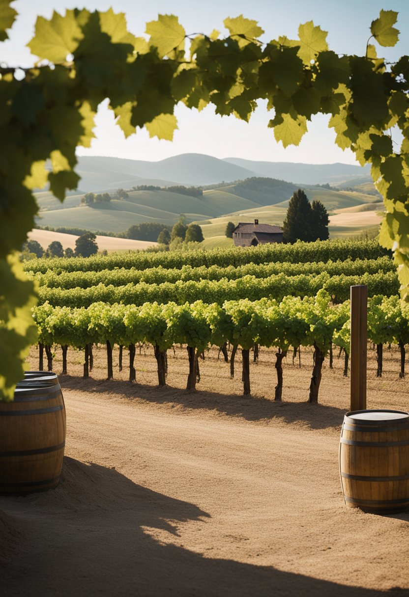 A picturesque vineyard with rows of grapevines, a rustic tasting room with barrels, and a scenic view of rolling hills in the background