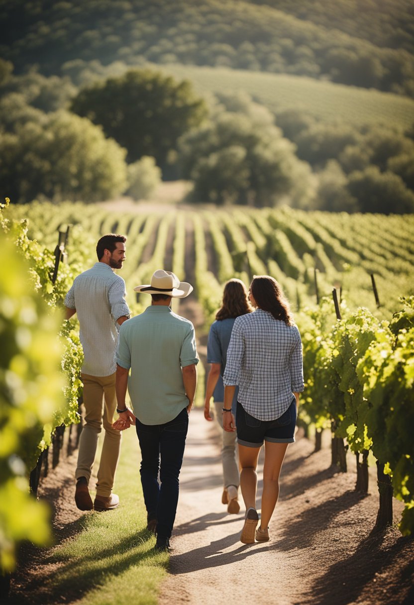 Guests stroll through lush vineyards, sipping wine and enjoying the picturesque scenery on a wine tasting tour in Waco