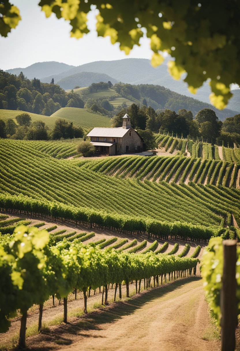 A rustic vineyard with rolling hills, rows of grapevines, and a charming tasting room nestled among the lush greenery