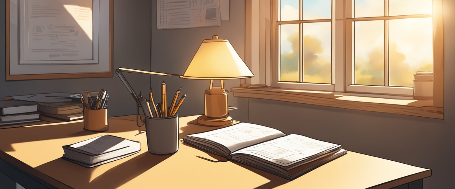 A desk with a motivational poster, a journal, and a pen. Sunlight streaming through a window, casting a warm glow on the workspace