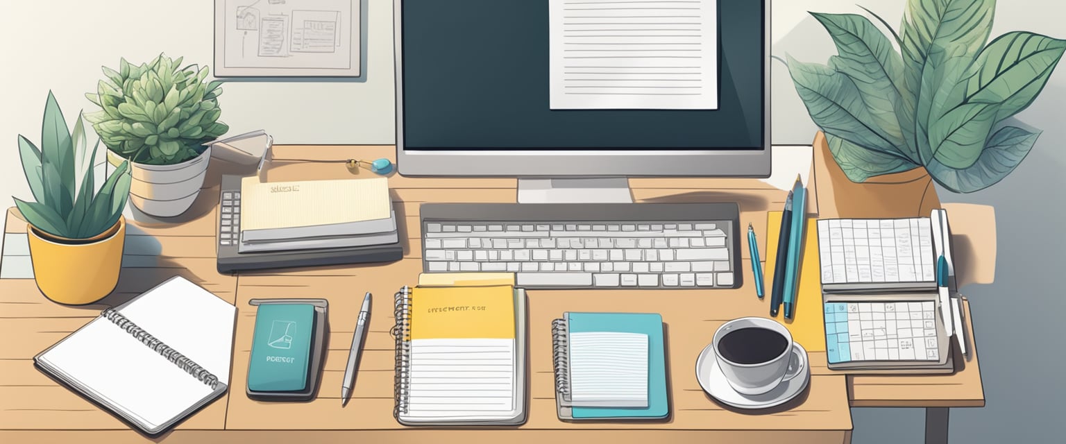 A desk with a neatly organized workspace, a computer, and a notebook with positive affirmations written on it