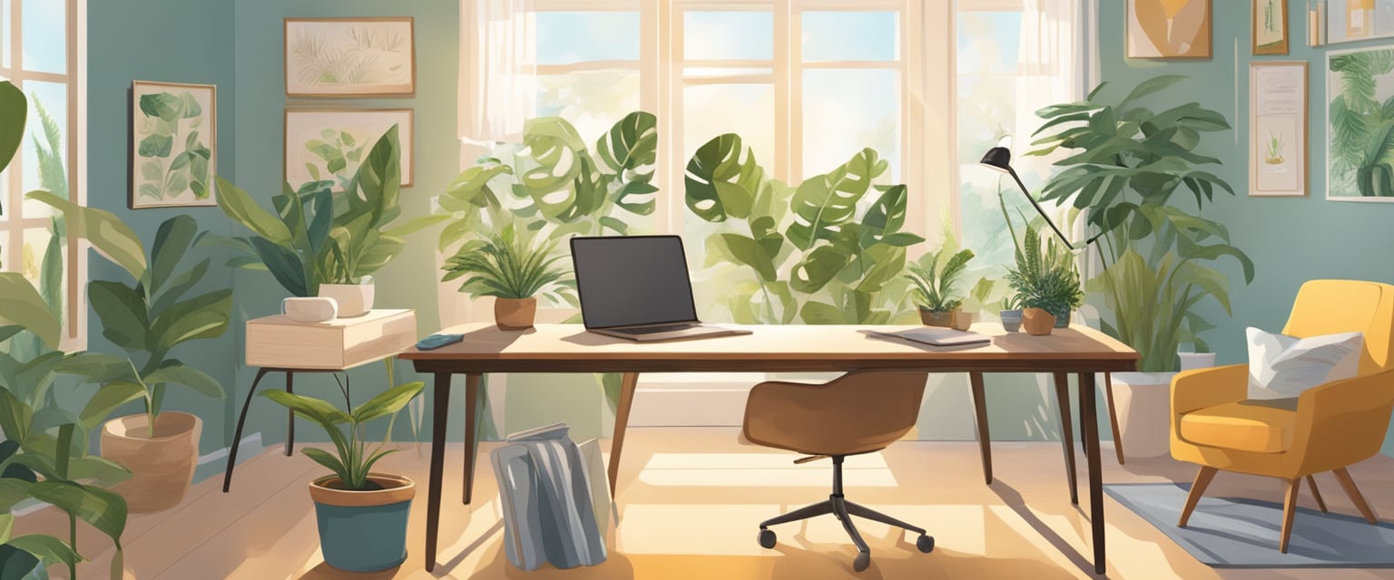A serene, sunlit room with a desk and chair. A vision board filled with positive affirmations hangs on the wall, surrounded by plants and calming decor