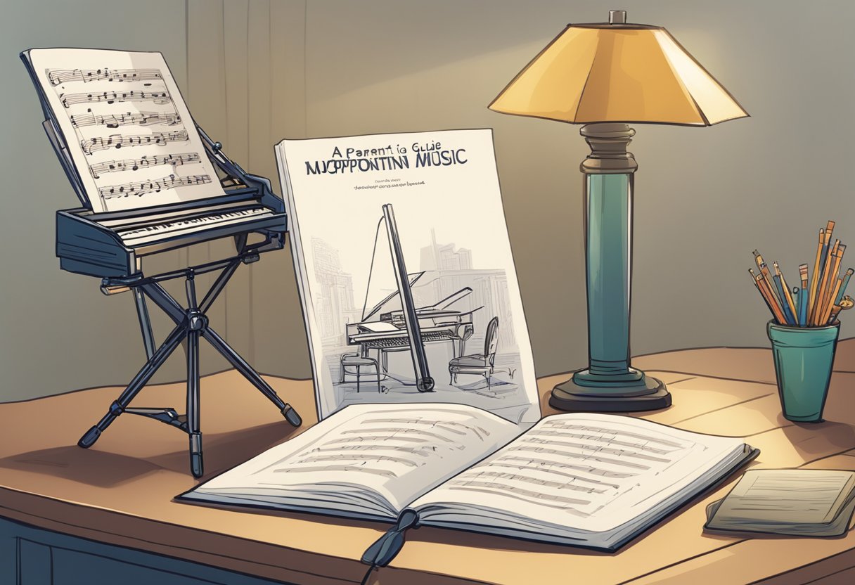 A music stand holds sheet music with a metronome and instrument nearby, while a book titled "A Parent's Guide to Supporting Music Education" sits open on a table