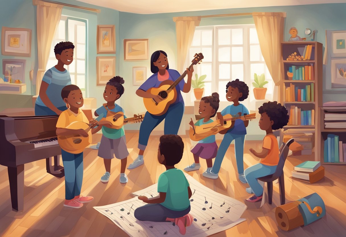 A group of diverse children engage in music activities, playing instruments and singing together. A parent observes with pride and support. Instruments and sheet music are scattered around the room