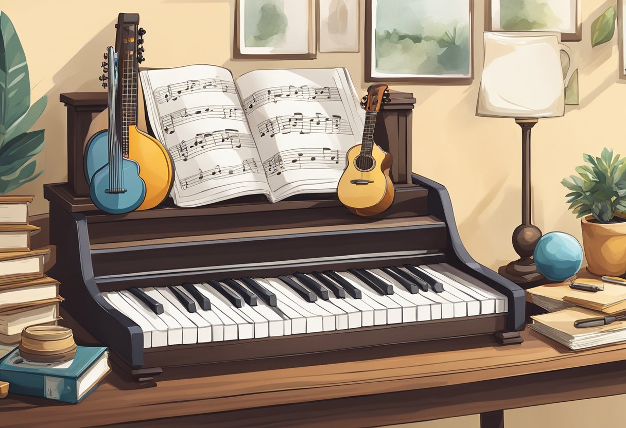 A child's musical instruments are neatly organized on a desk, surrounded by sheet music and a metronome. The room is filled with natural light, creating a warm and inviting atmosphere for consistent practice
