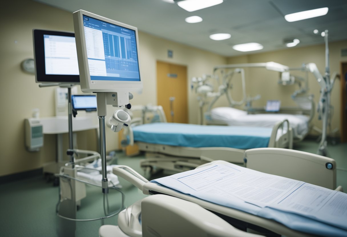 A hospital room with medical equipment and a patient's chart, indicating invasive meningococcal disease