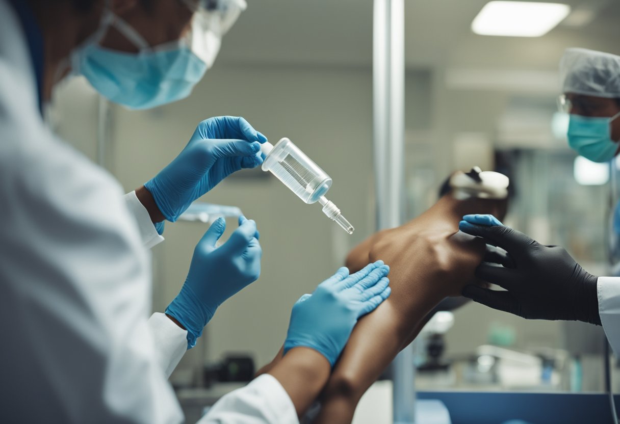 A doctor administers a vaccine to prevent meningococcal disease, while another person receives antibiotics for treatment