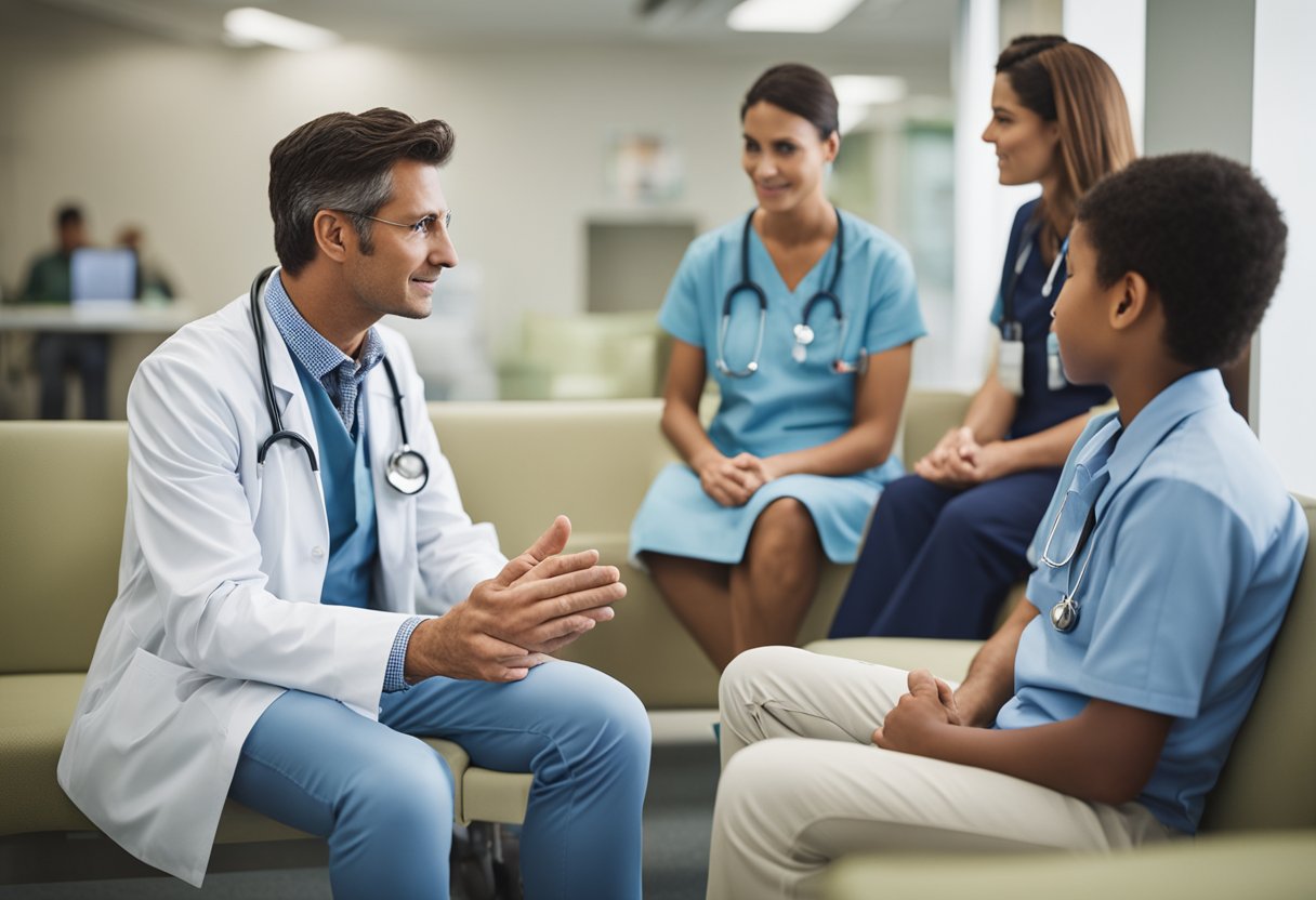 A doctor explaining meningococcal disease to a concerned family in a hospital waiting room