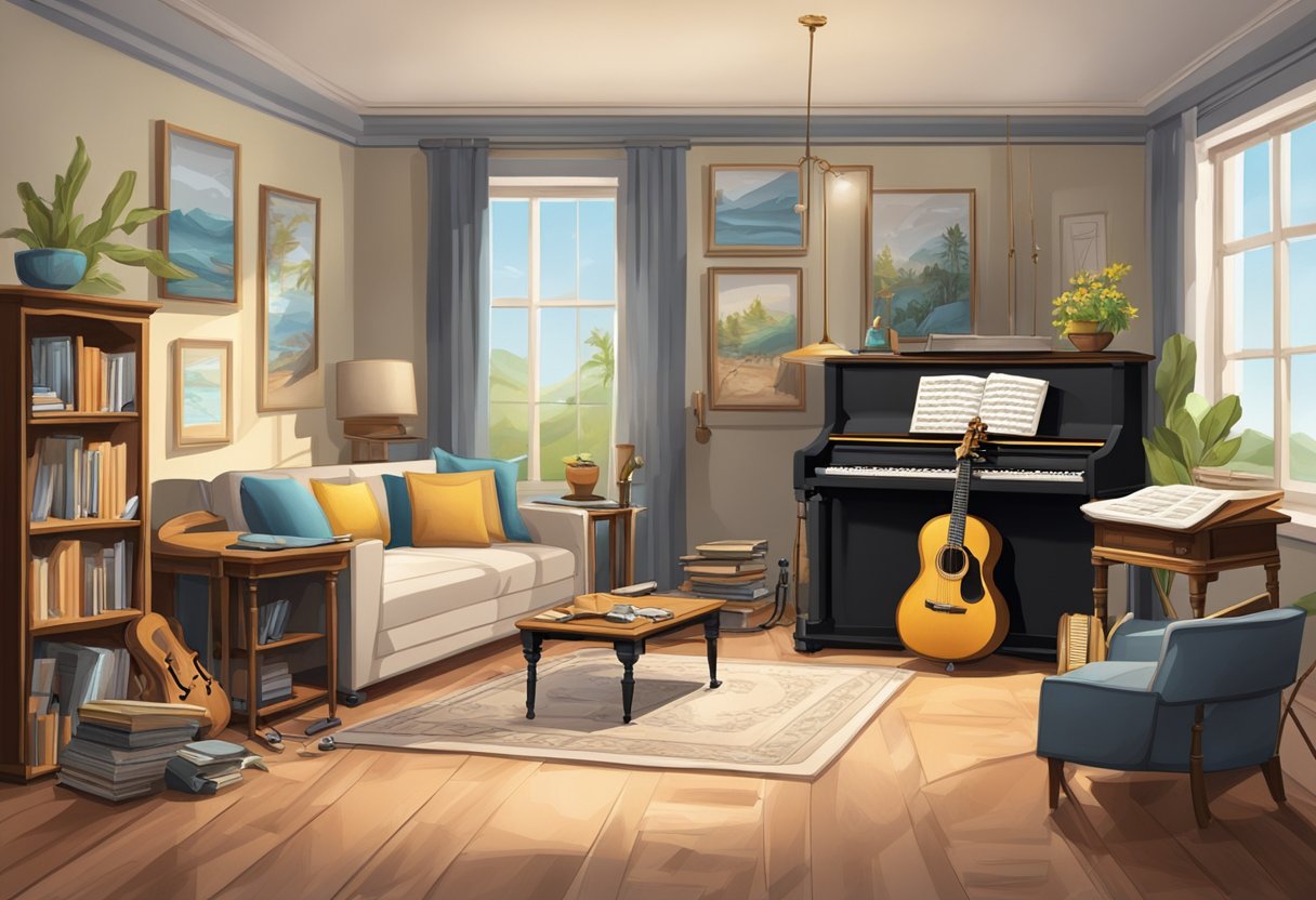 A family room with musical instruments scattered around, sheet music on a stand, and a stereo playing classical music in the background