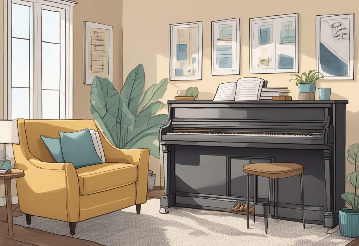 A cozy living room with a piano, music stand, and a book titled "Establishing a Foundation for Music Lessons: A Parent's Guide to Supporting Music Education" on the coffee table