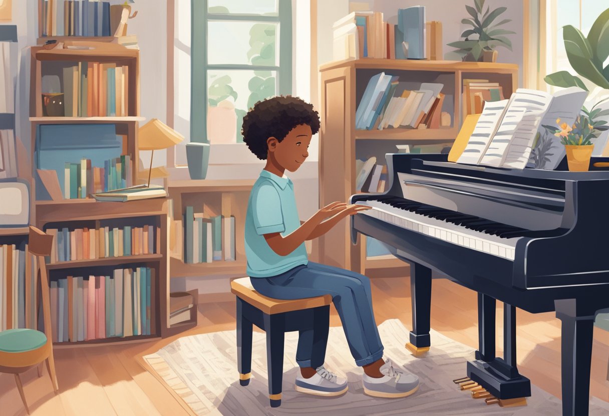 A child sits at a piano, surrounded by music books and instruments. A parent stands nearby, offering encouragement and support