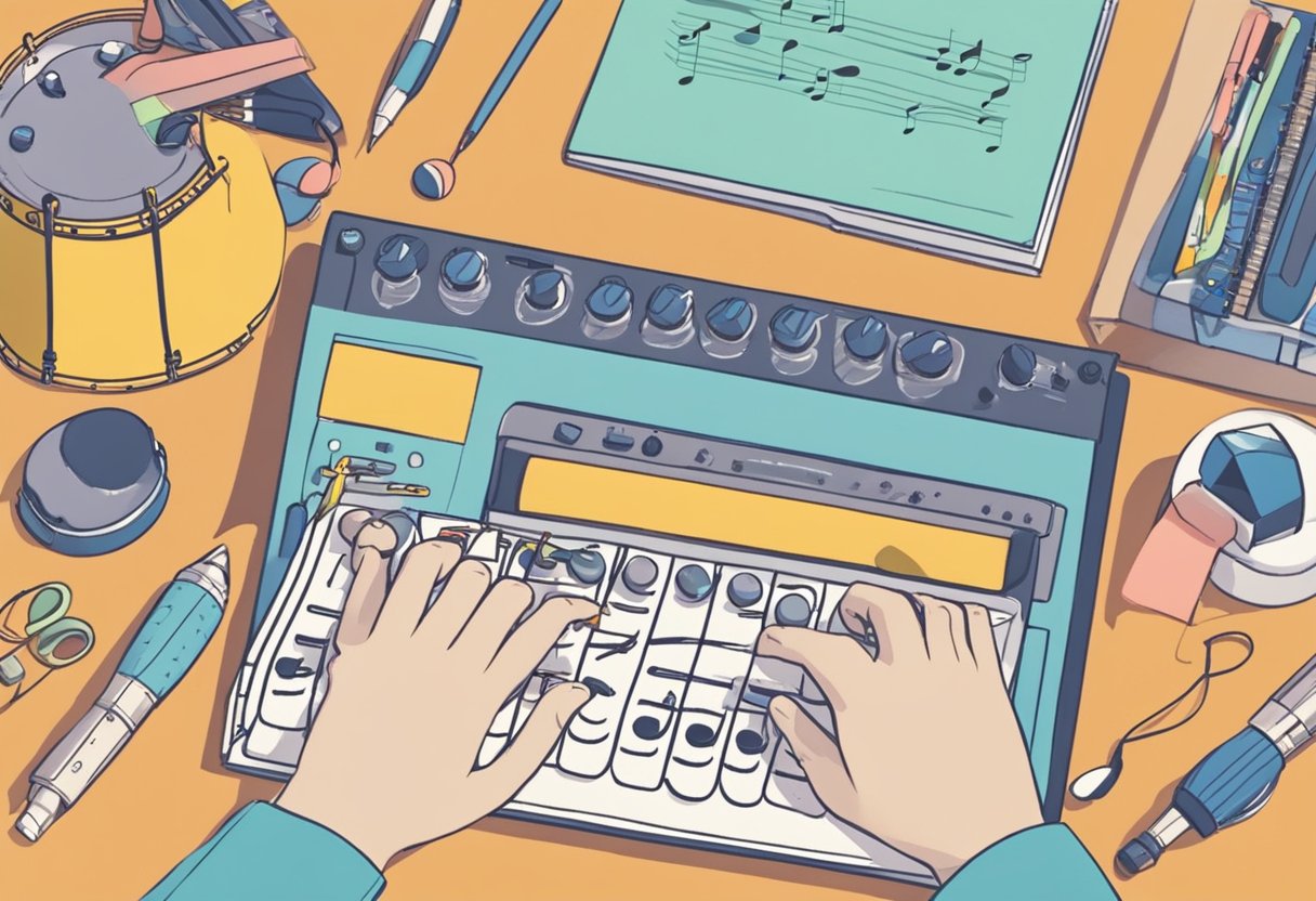 A child's musical instruments scattered on a desk, with a parent's hand reaching for a guidebook titled "Frequently Asked Questions A Parent's Guide to Supporting Music Education"