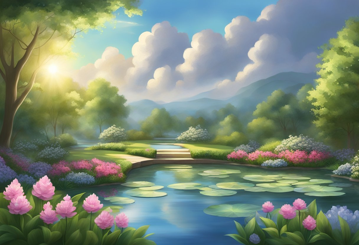 A tranquil garden with a serene pond, surrounded by blooming flowers and lush greenery. A beam of light breaks through the clouds, symbolizing hope and faith in seeking peace