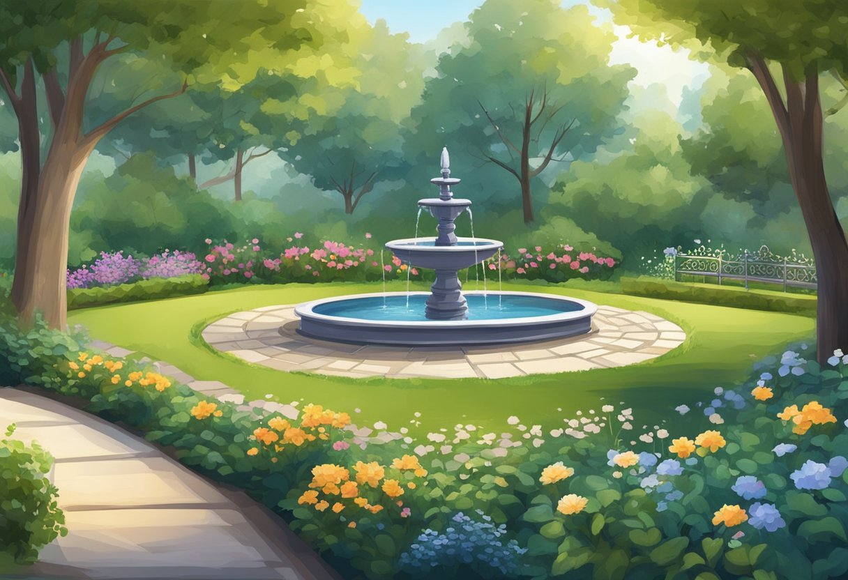 A tranquil garden with diverse plants and a peaceful atmosphere. A small fountain trickles in the center, surrounded by benches for quiet reflection