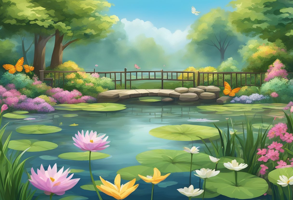 A tranquil garden with a peaceful pond, surrounded by blooming flowers and fluttering butterflies. A soft breeze carries the sound of gentle chimes, creating a serene atmosphere