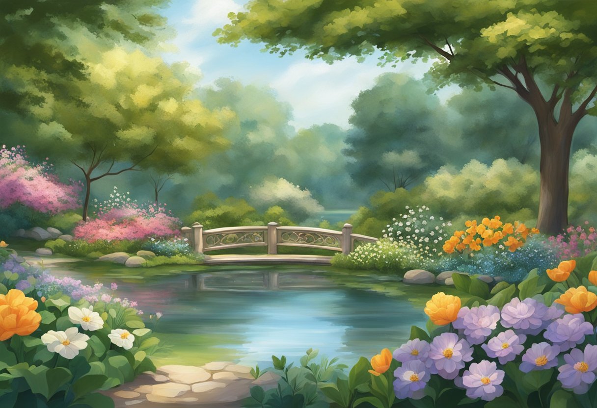 A serene garden with a tranquil pond, surrounded by blooming flowers and lush greenery. A gentle breeze rustles the leaves, creating a sense of calm and peace in the midst of uncertainty