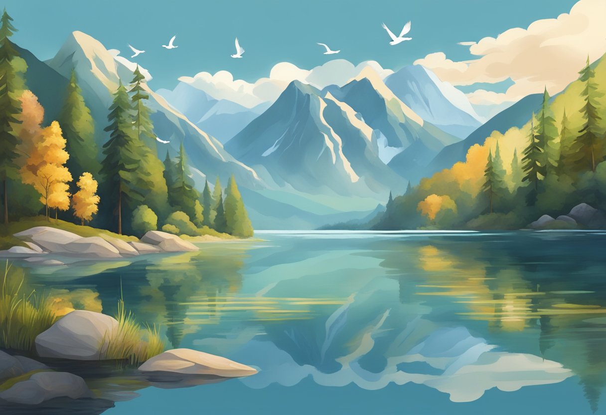 A serene lake reflects the surrounding mountains as birds fly overhead, symbolizing peace and hope in uncertain times
